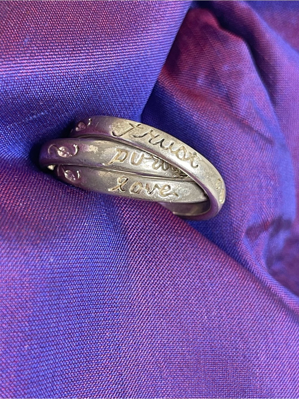 Sterling Silver Triple Band Purity Ring with Script 'Trust, Purity, Love'